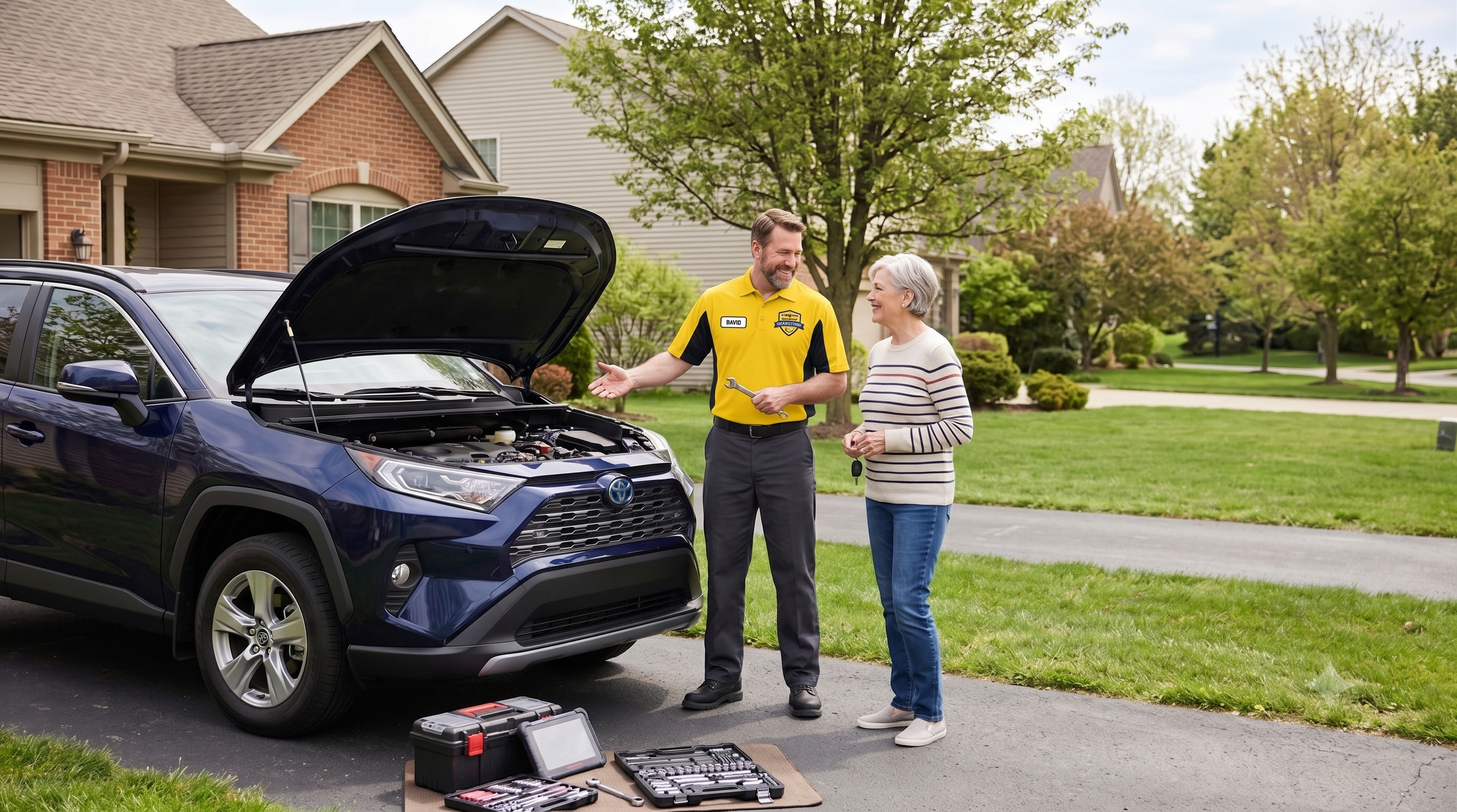 Miles Oil Change van and technician servicing a car in a driveway